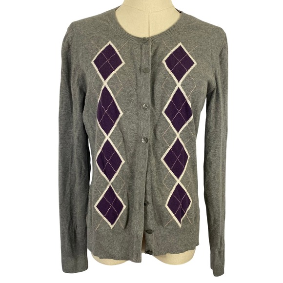 Merona Medium Grey Lightweight Cardigan with Purple Argyle Print Preppy Academia - Picture 1 of 8
